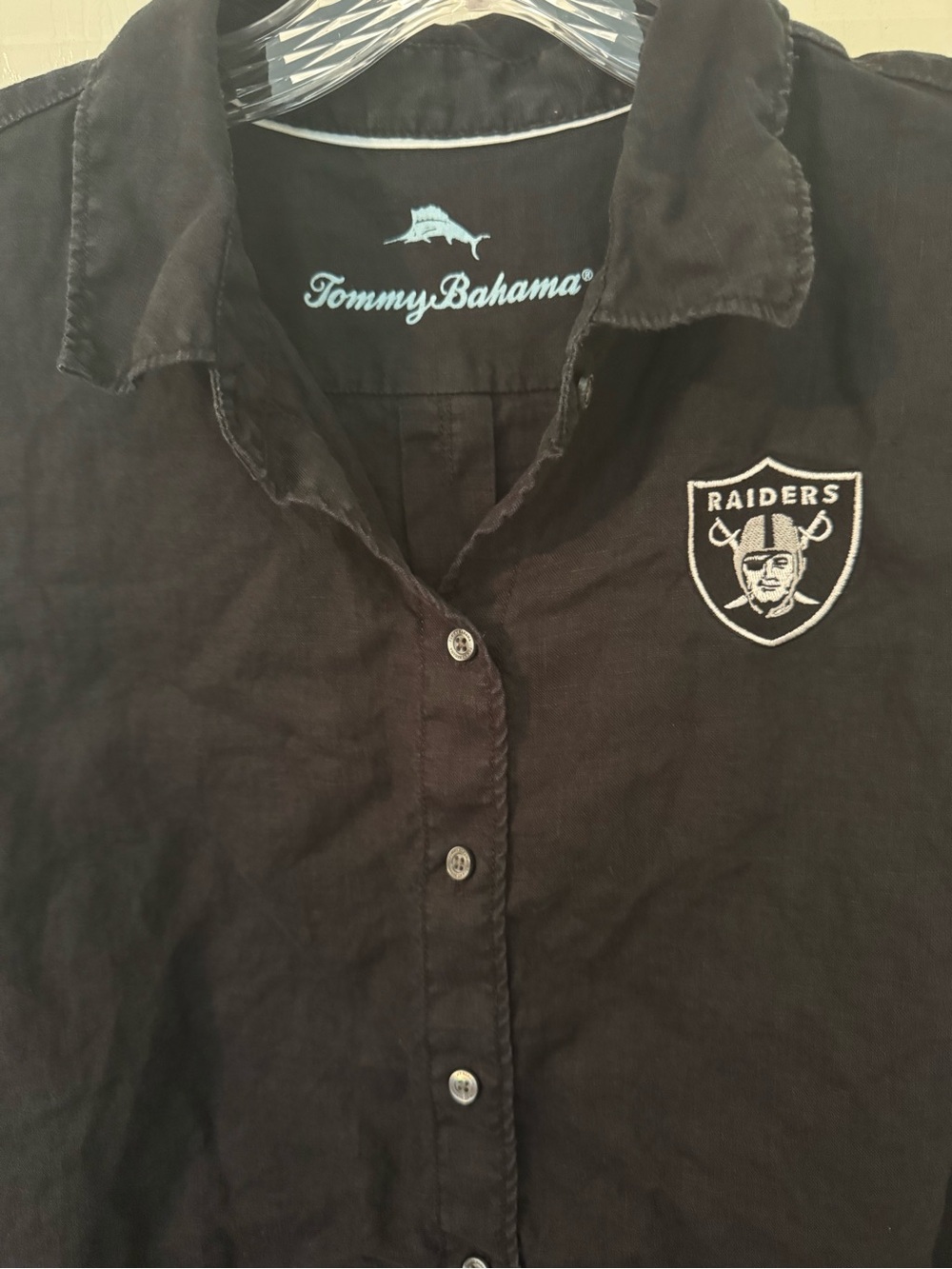 Tommy Bahama NFL Las Vegas Raiders Black Linen Shirt Women's L/G - Picture 5 of 14